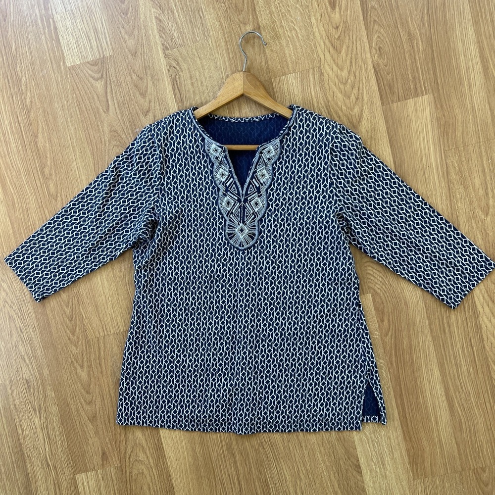 Womens Boho Tunic Top Sz Large Blue Beaded Embroidery 3/4 Sleeves Geo Pullover